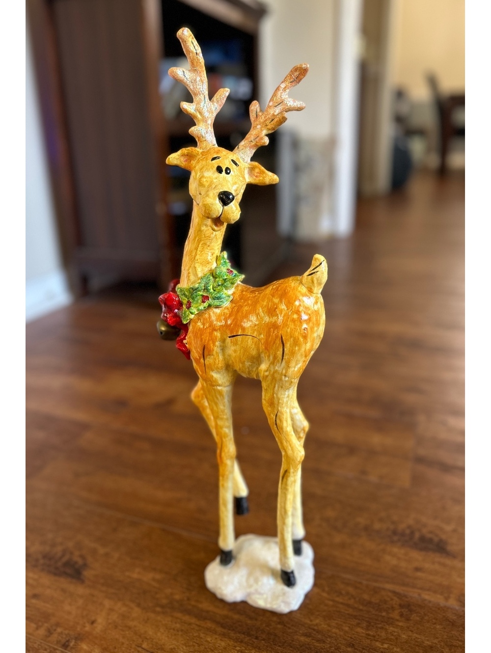Hand-Painted Ceramic Reindeer Figurine with Holiday Wreath